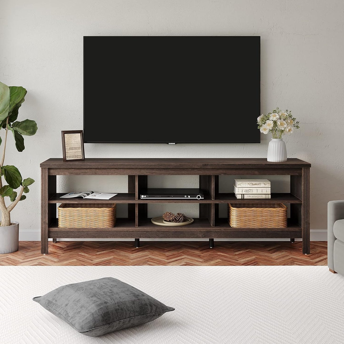 Spacious Espresso TV Stand with 6 Storage Compartments