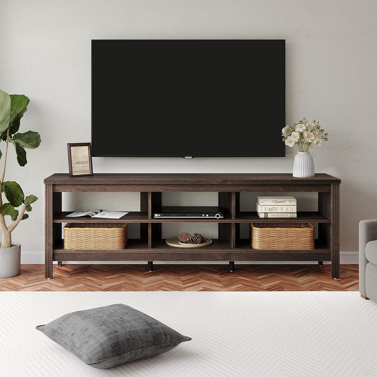 Spacious Espresso TV Stand with 6 Storage Compartments
