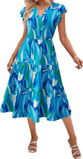 Womens Summer Casual Ruffle Sleeve V Neck Midi Dress - Flowy Tiered is