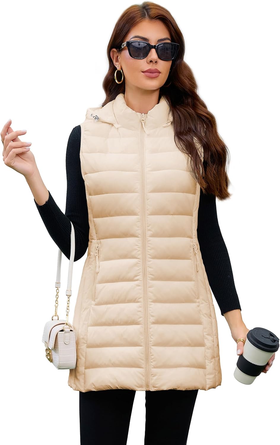 Long Puffer Vest for Women with Hood - Lightweight & Packable