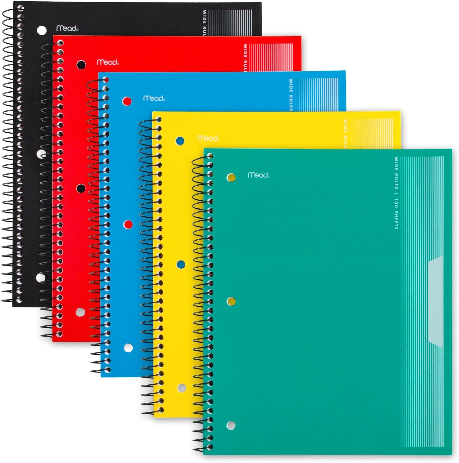 Mead 5-Pack Spiral Notebooks, Wide Ruled, 100 Sheets, 8x10.5, Durable Plastic Covers