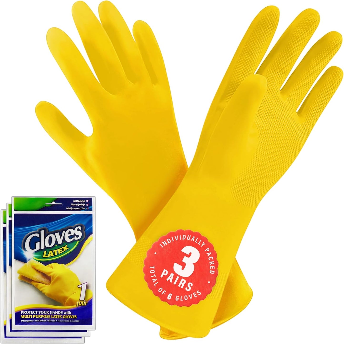 Non-Slip Rubber Cleaning Gloves - 3/6 Pairs