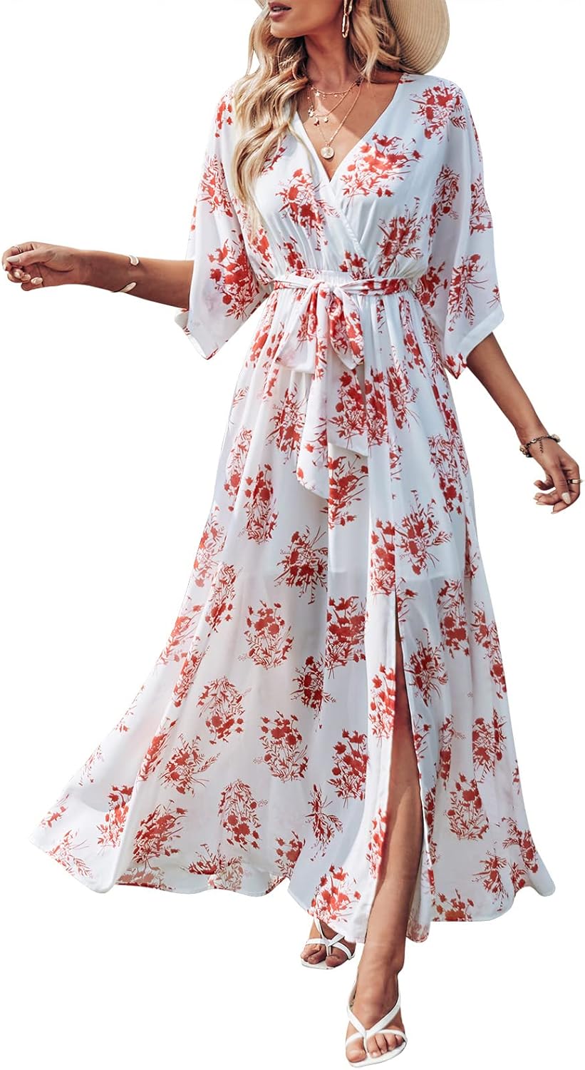 Womens Summer Loose Boho Flowy Wrap V Neck Maxi Dresses