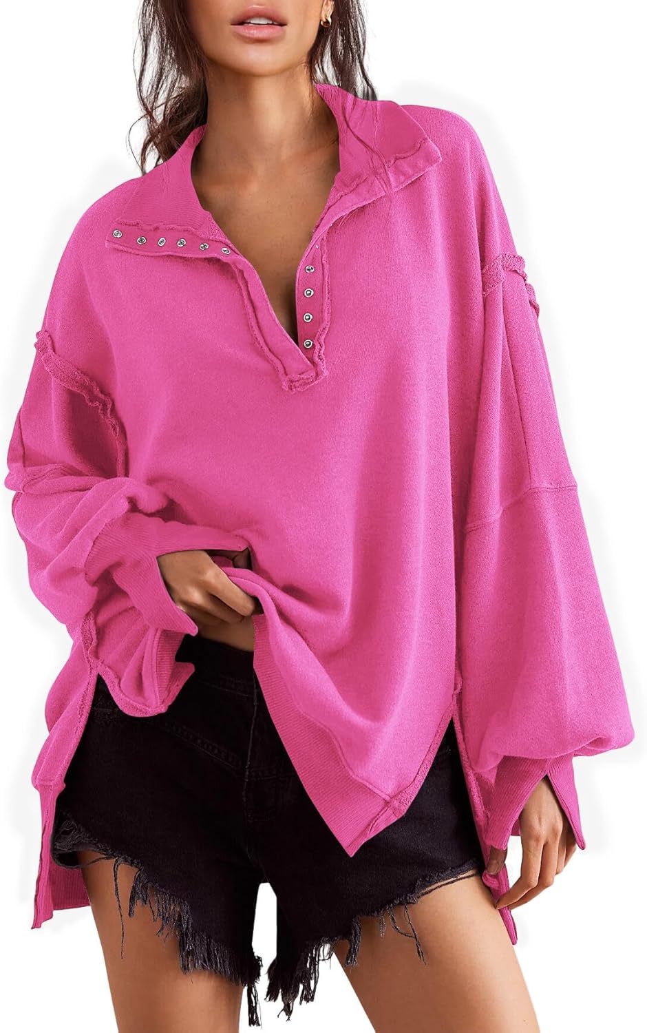 Trendy Henley Pullover Button Sweatshirts for Women S-2XL