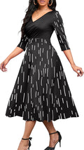 Women's Casual Wrap Flared Midi Dress V-Neck 3/4 Sleeve