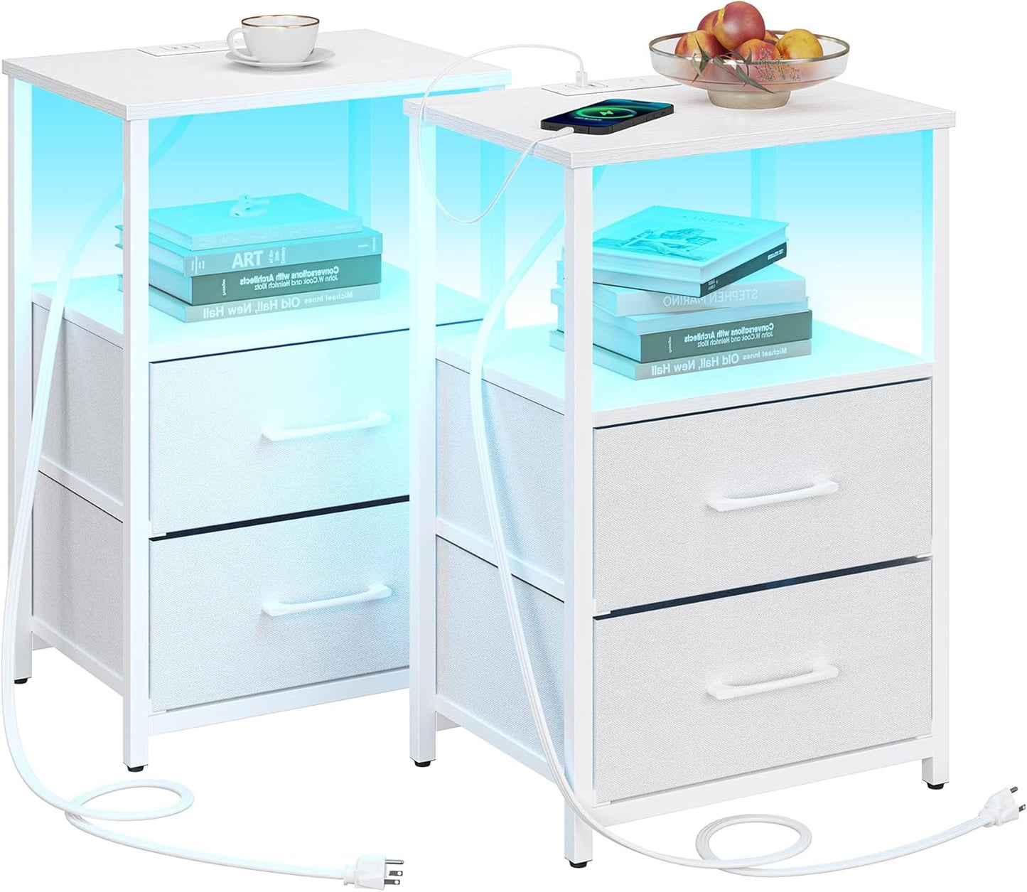 LED End Table with Charging Station and Fabric Drawers Set of 2