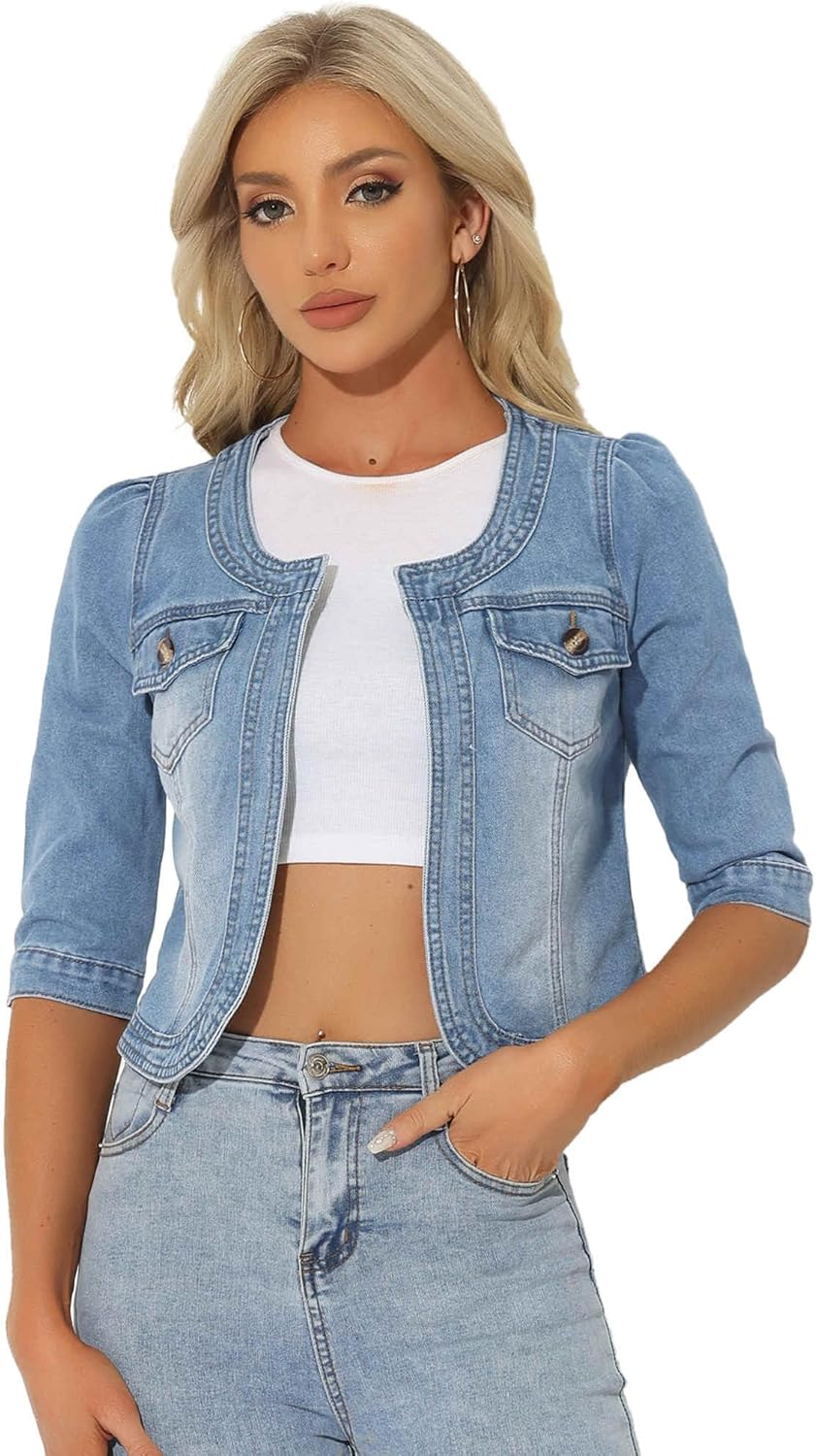 Collarless Denim Jacket for Women by Allegra K - Stylish Crop