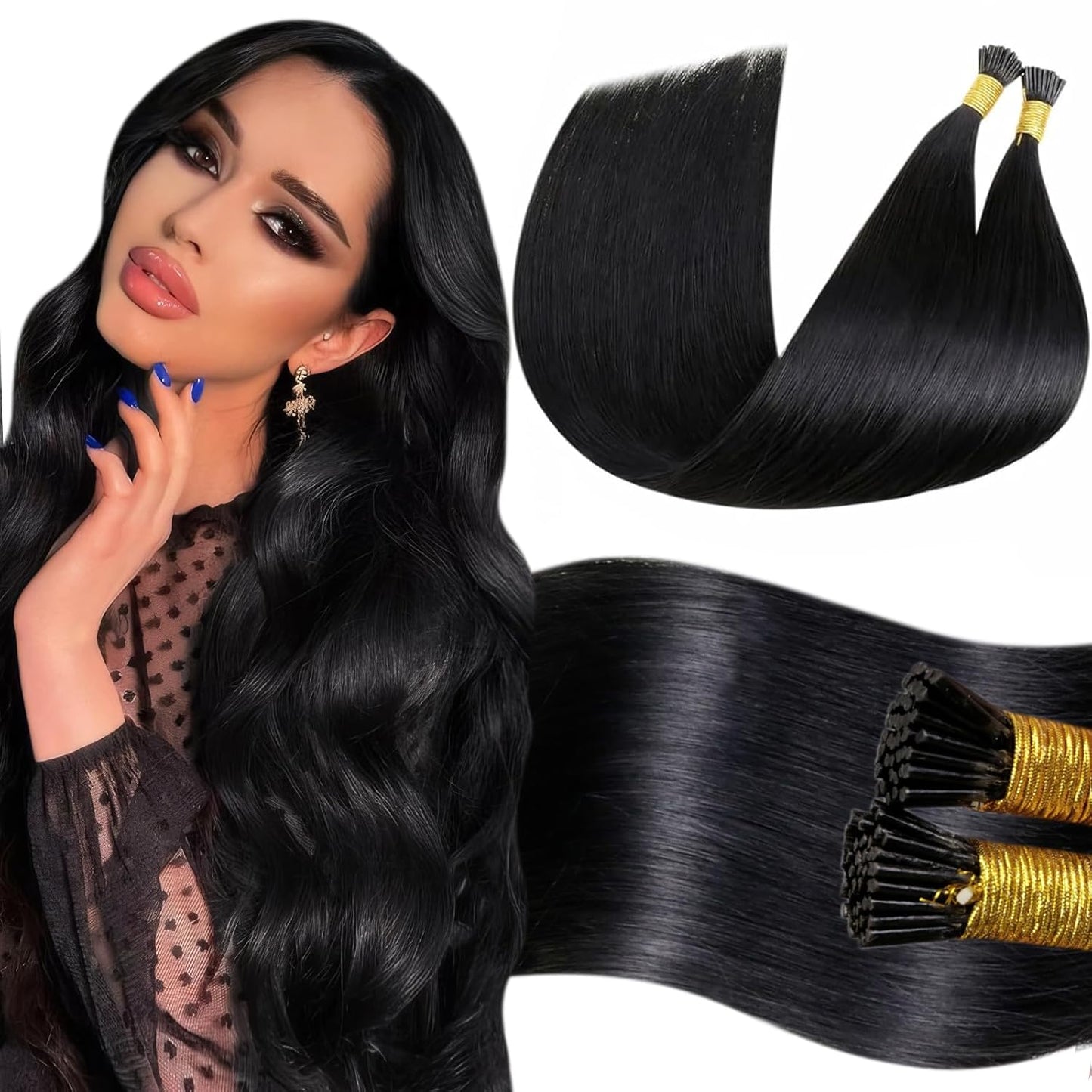 LaaVoo I Tip Hair Extensions Real Human Hair 26 Inch Black