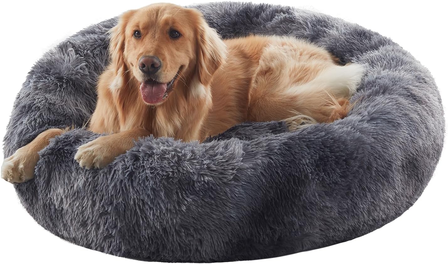 36 in Donut Dog Bed for Large Dogs - Calming Fluffy Round Bed
