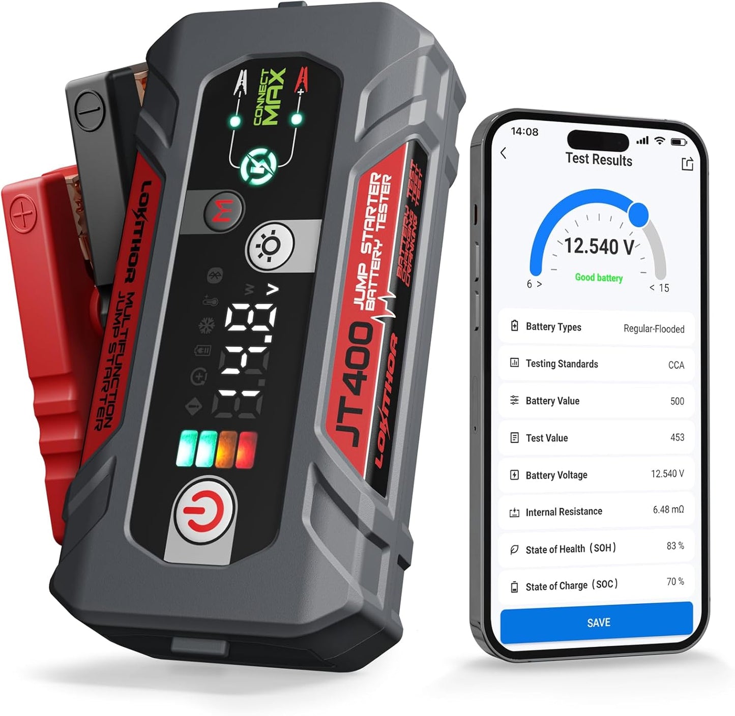 JT400 Jump Starter and Battery Tester 2-in-1 for 12V Vehicles
