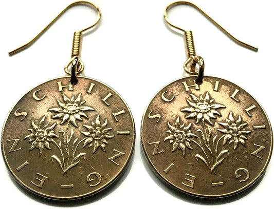 Austria 1 Schilling Coin Earrings with Edelweiss Flower Design