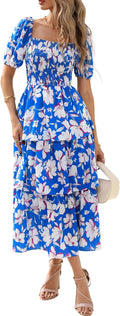 Womens Square Neck Smocked Dress - Flowy Boho Floral Maxi BTFBM