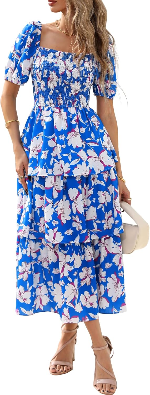BTFBM Womens Square Neck Smocked Dress for Summer Events