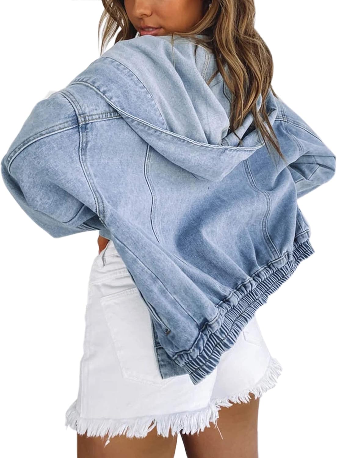 Women's Oversized Denim Jacket with Varsity Style and Hoodie