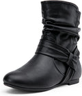 Womens Slouch Ankle Flat Boots with Side-Zip - Low Heel Comfort