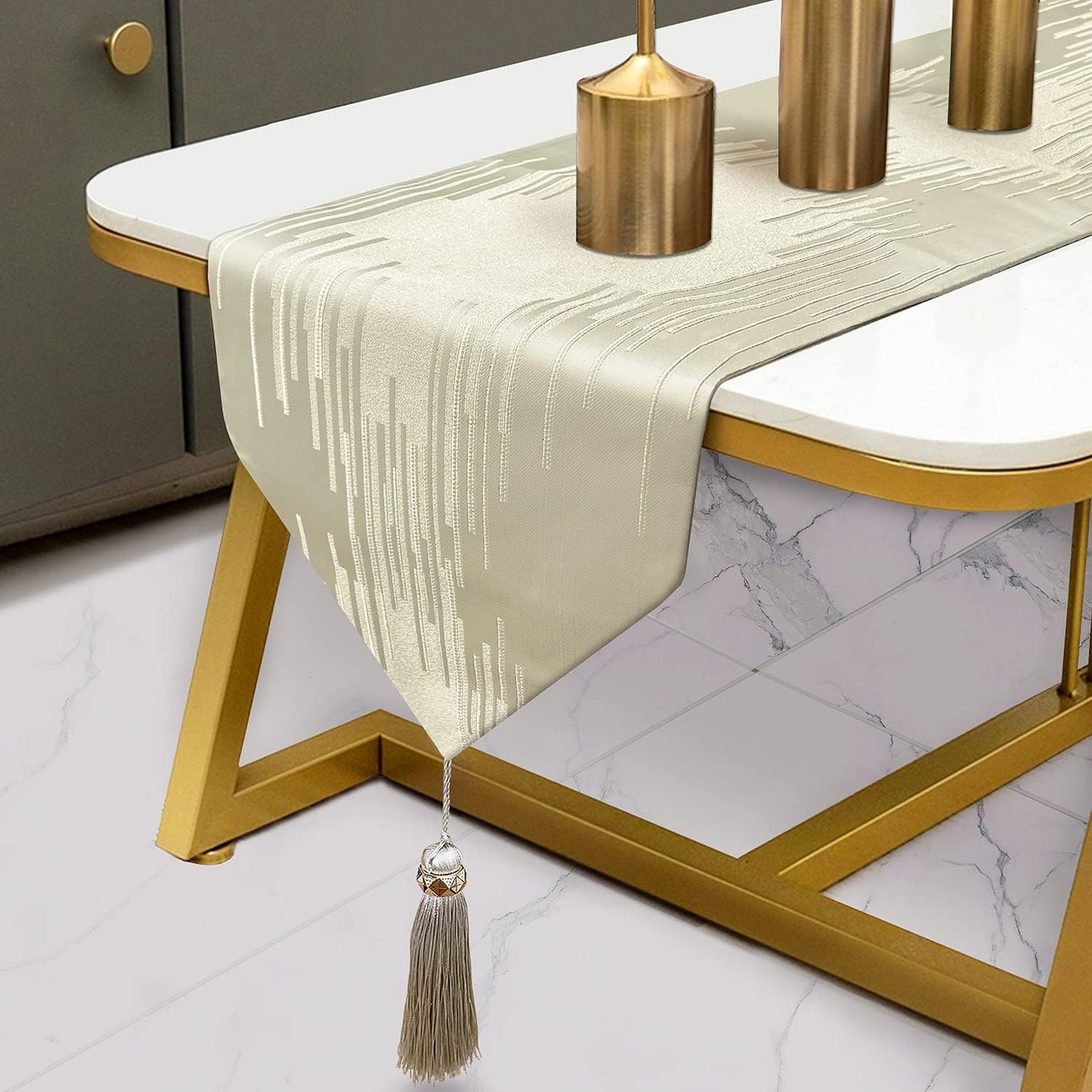 Beige Table Runner 120 Inches Long with Stylish Tassels