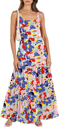 Women's Summer Maxi Beach Dress Sleeveless Square Neck - Flowy Tiered