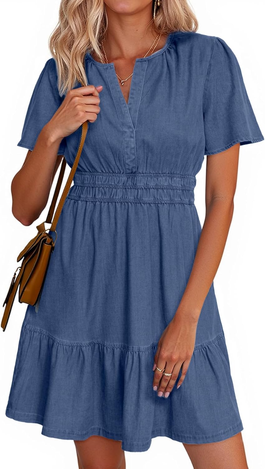 Simplee Womens Summer Denim Dress Casual Mini Dress with Pockets