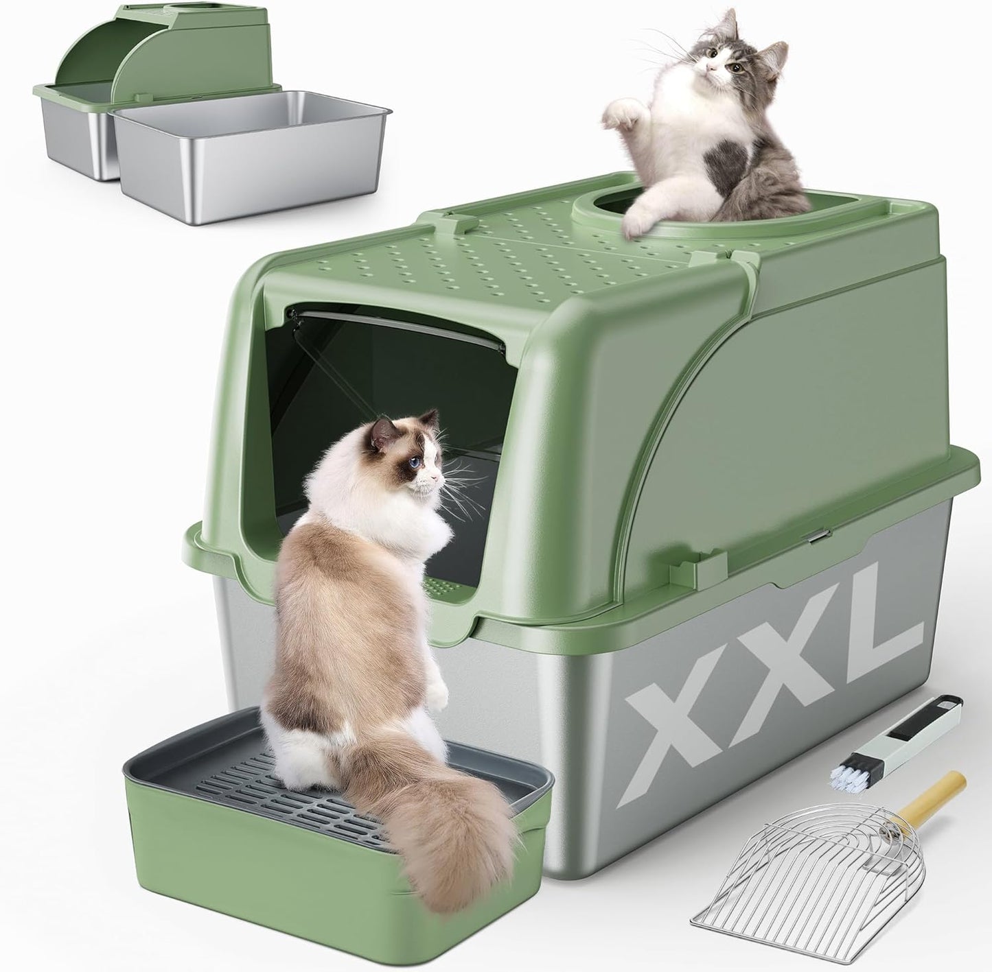 XXL Large Stainless Steel Litter Box with Dual Entrance Design