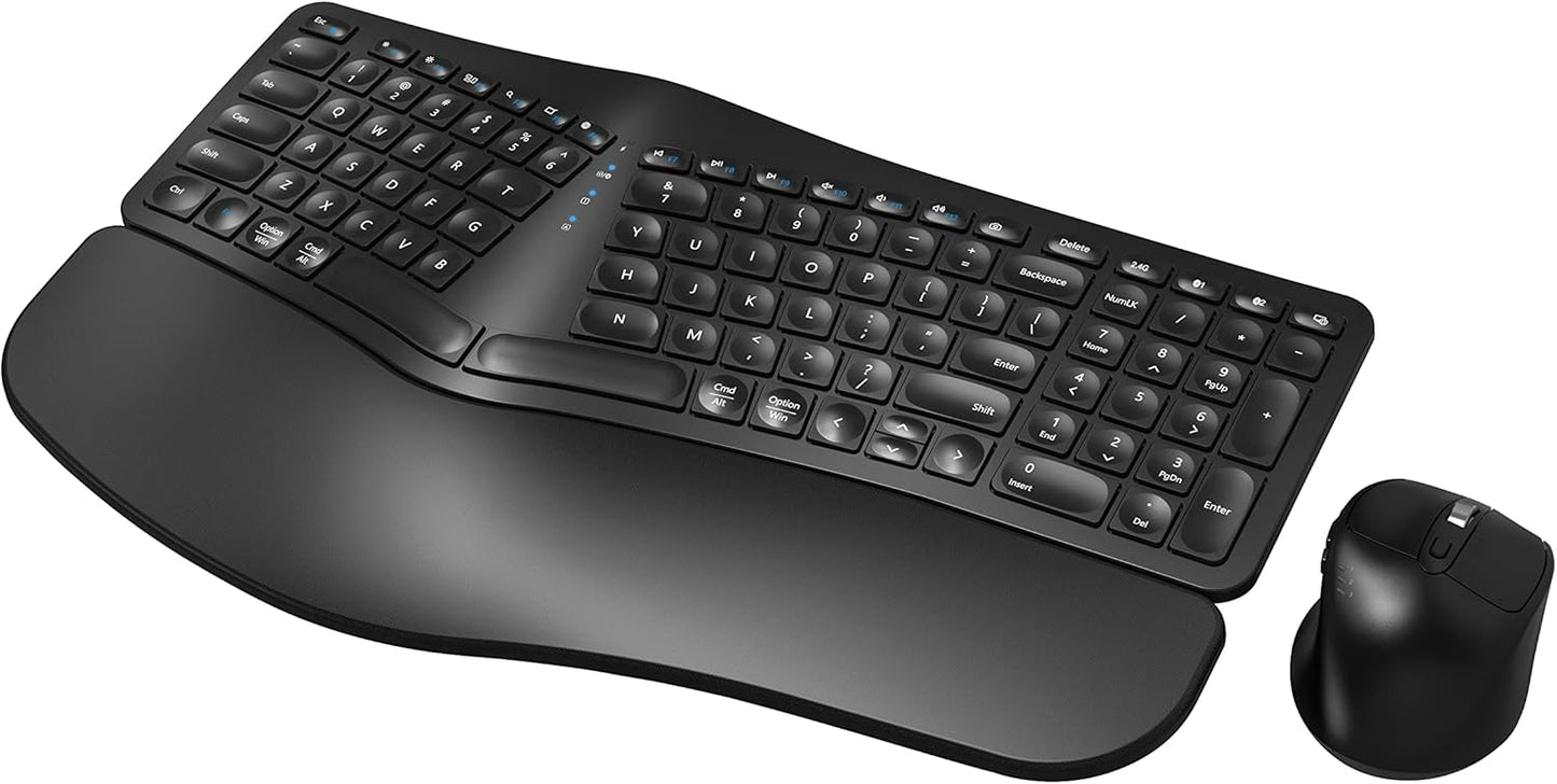 QUASIO Ergonomic Wireless Keyboard Mouse Combo: Split Design, Multi-Device, Rechargeable