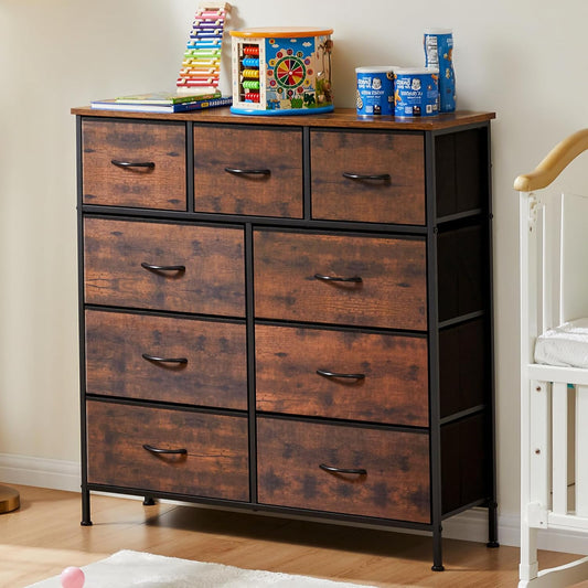 DUMOS Dresser for Bedroom with 9 Drawers and Fabric Bins