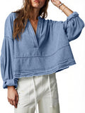 PLNOTME Womens Denim Tops Pullover V Neck Puff Sleeve - Casual Fit