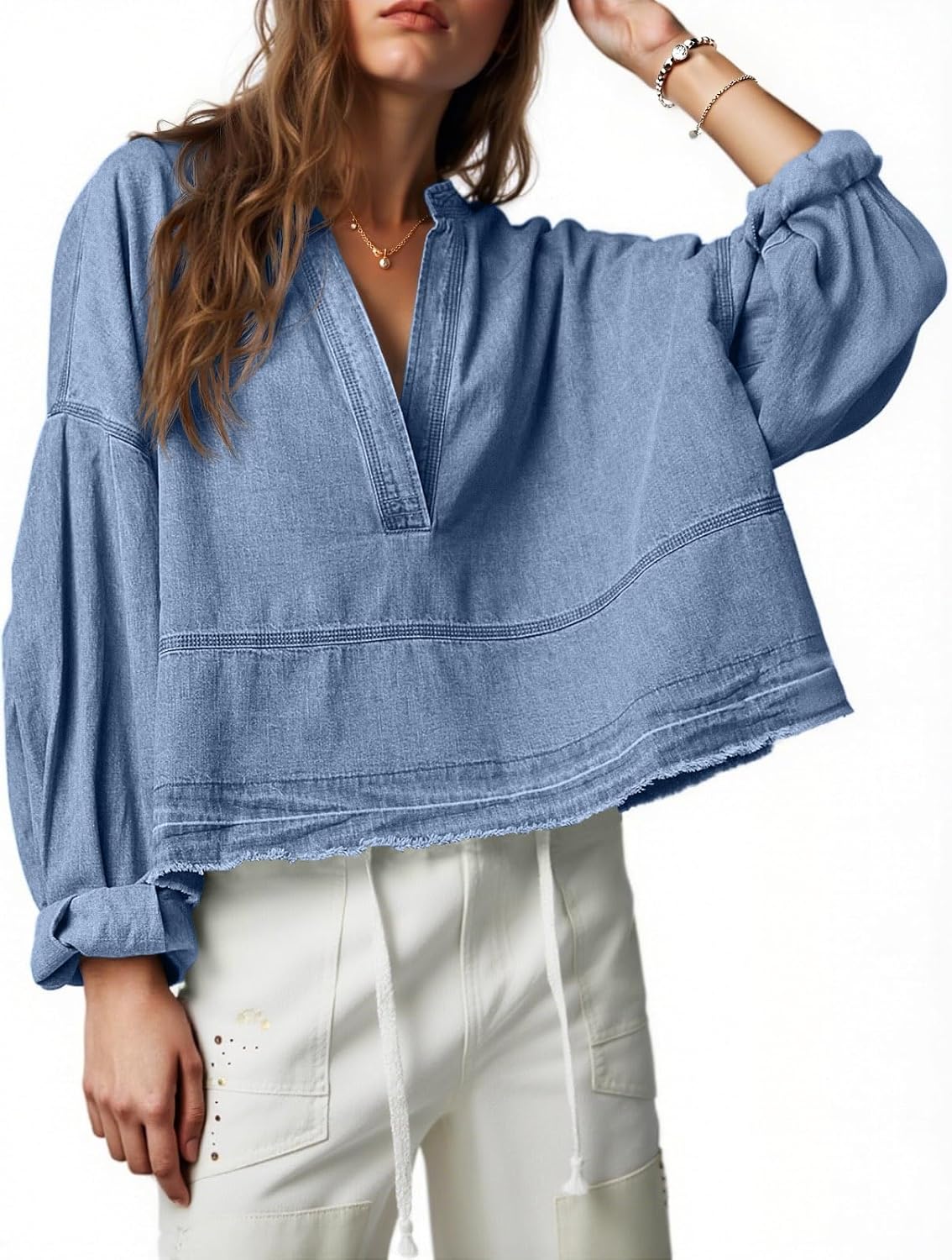 PLNOTME Womens Denim Tops Pullover for Casual Spring Style