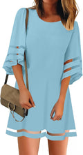 Women Crewneck Mesh Panel 3/4 Bell Sleeve A-line Tunic Dress - Casual