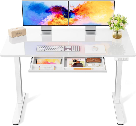 Marsail Glass Electric Standing Desk with Drawer for Home Office