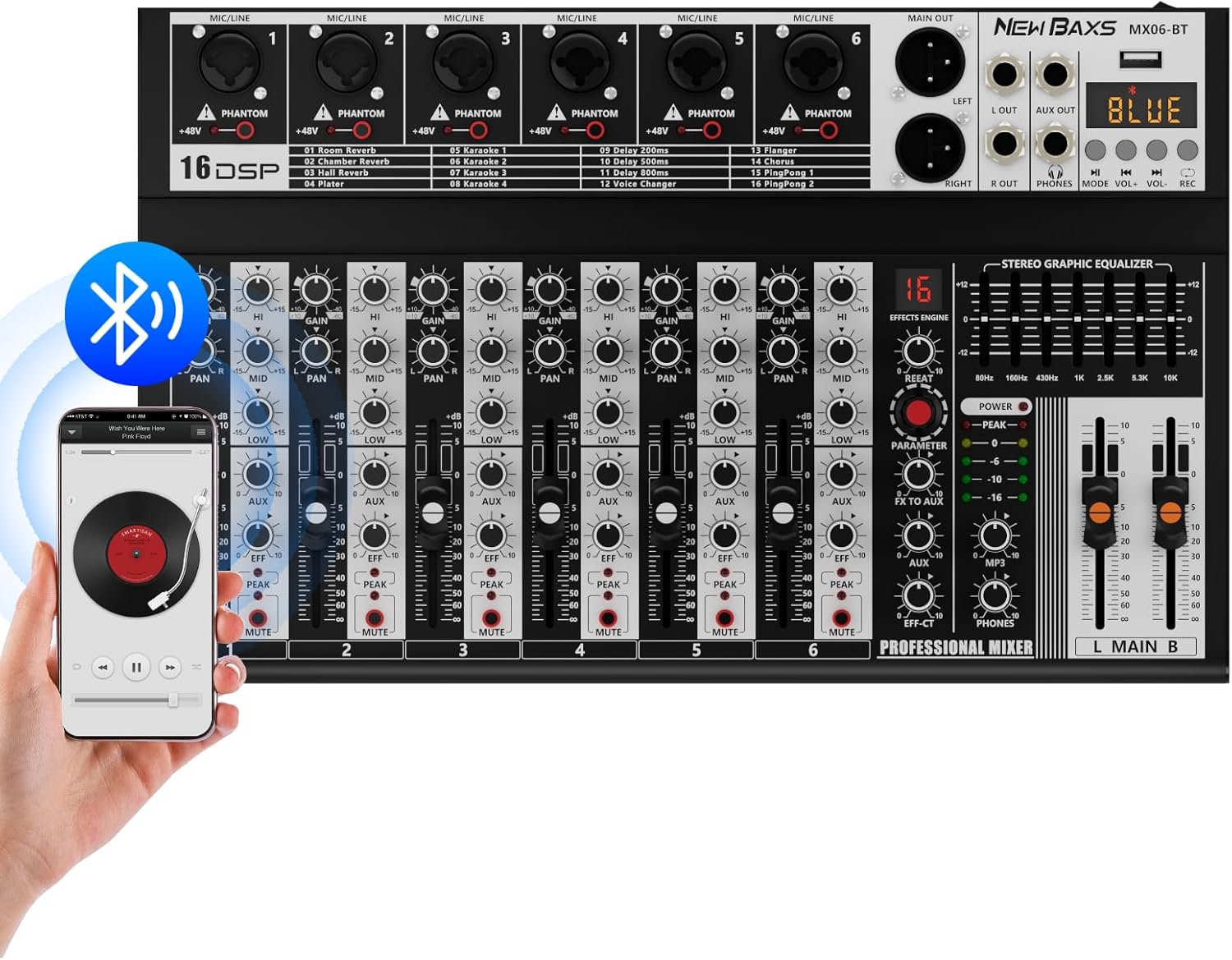 Professional 6 Channel Audio Mixer with Bluetooth and DSP Effects