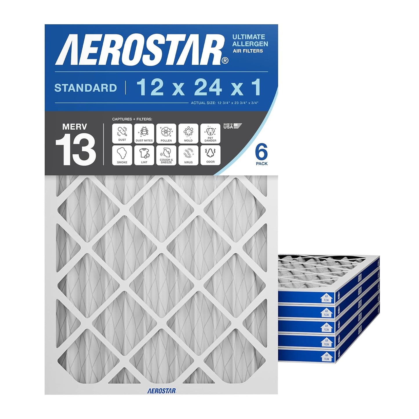 Aerostar 12x24x1 MERV 13 Pleated Air Filter for Clean Air