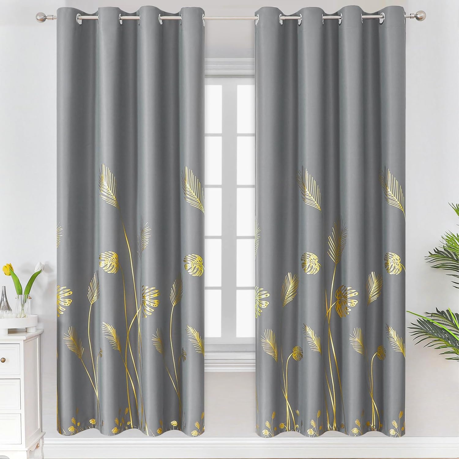 Estelar Textiler Gold and Grey Blackout Curtains for Bedrooms