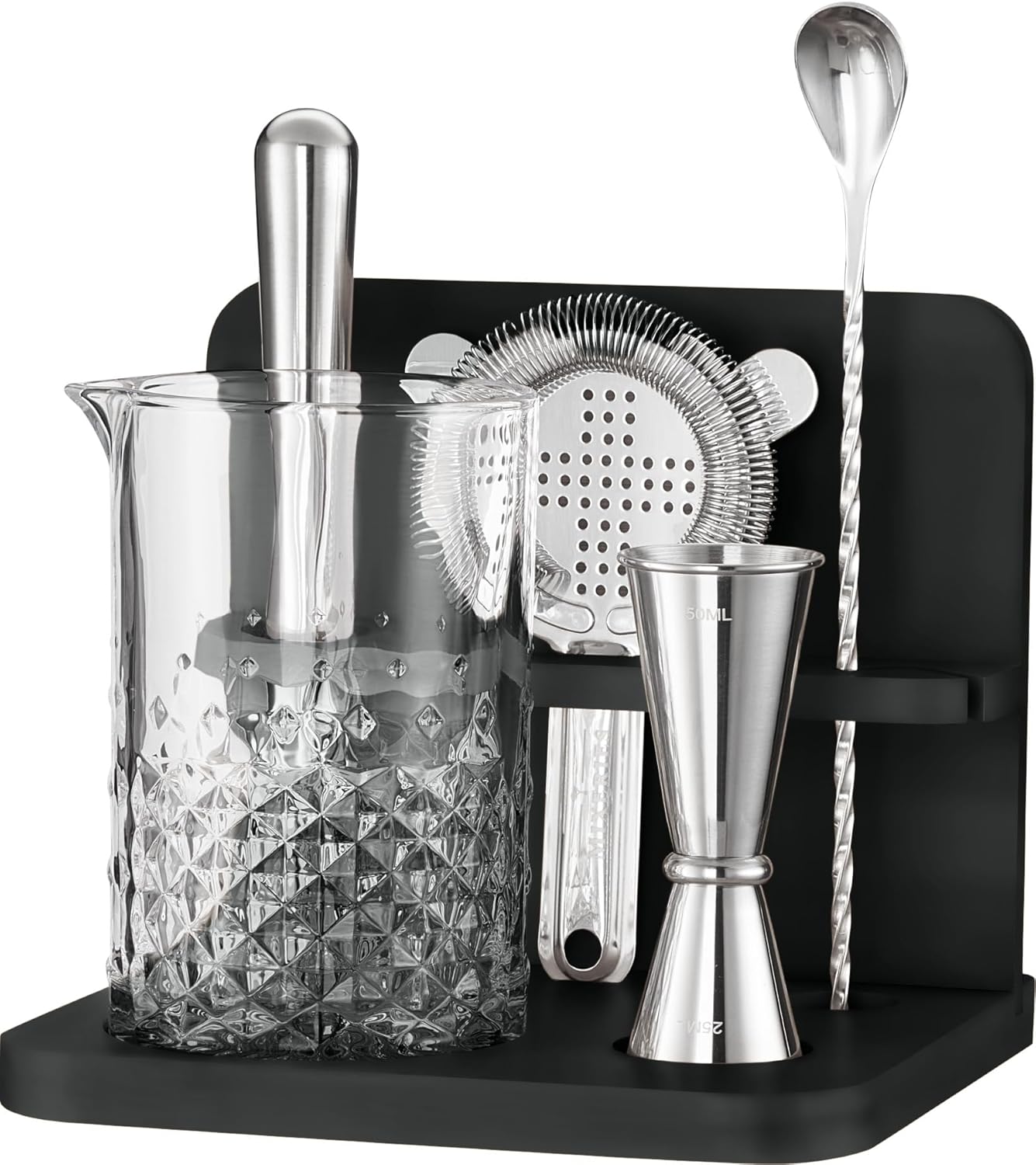Crystal Cocktail Mixing Glass Set with Bamboo Stand for Bartenders