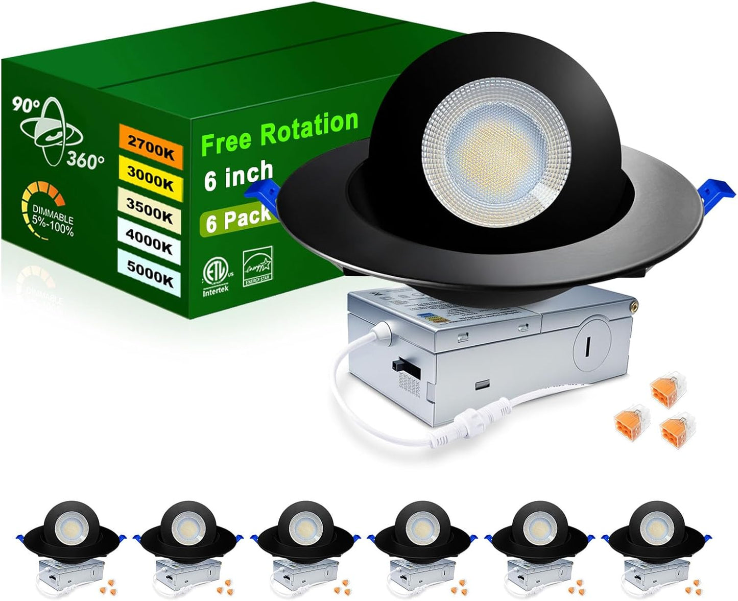 5CCT LED Gimbal Recessed Light with Junction Box, 6 Pack