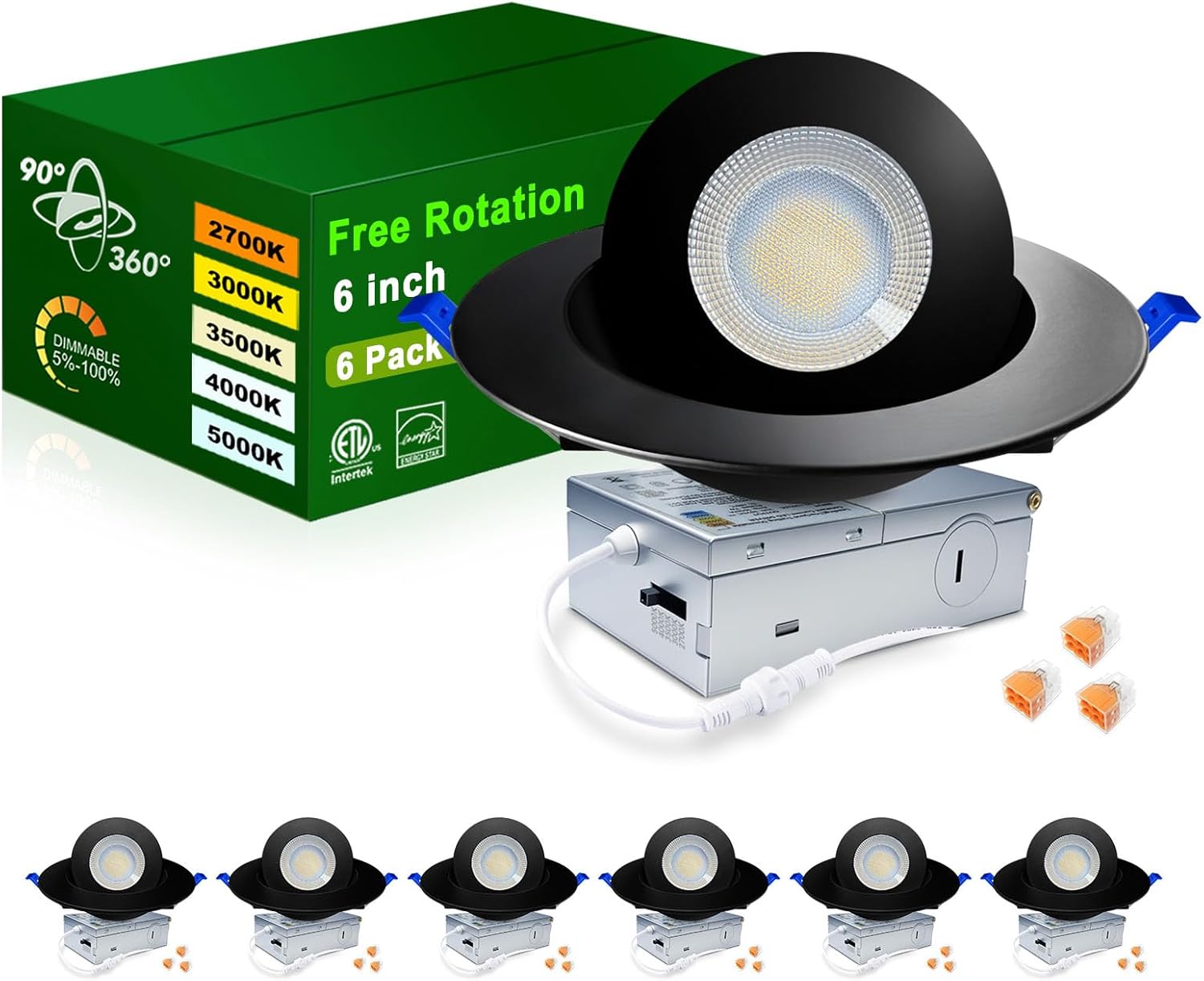 5CCT LED Gimbal Recessed Light with Junction Box, 6 Pack