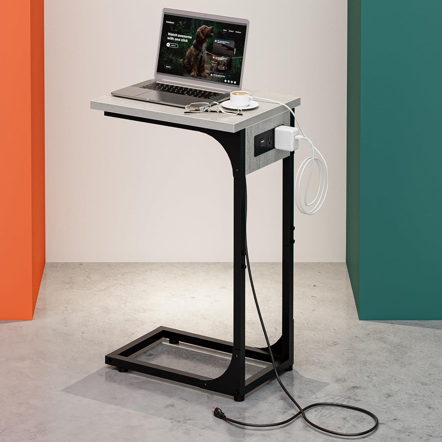 C-Shaped Side Table for Couch with Built-in Charging Station