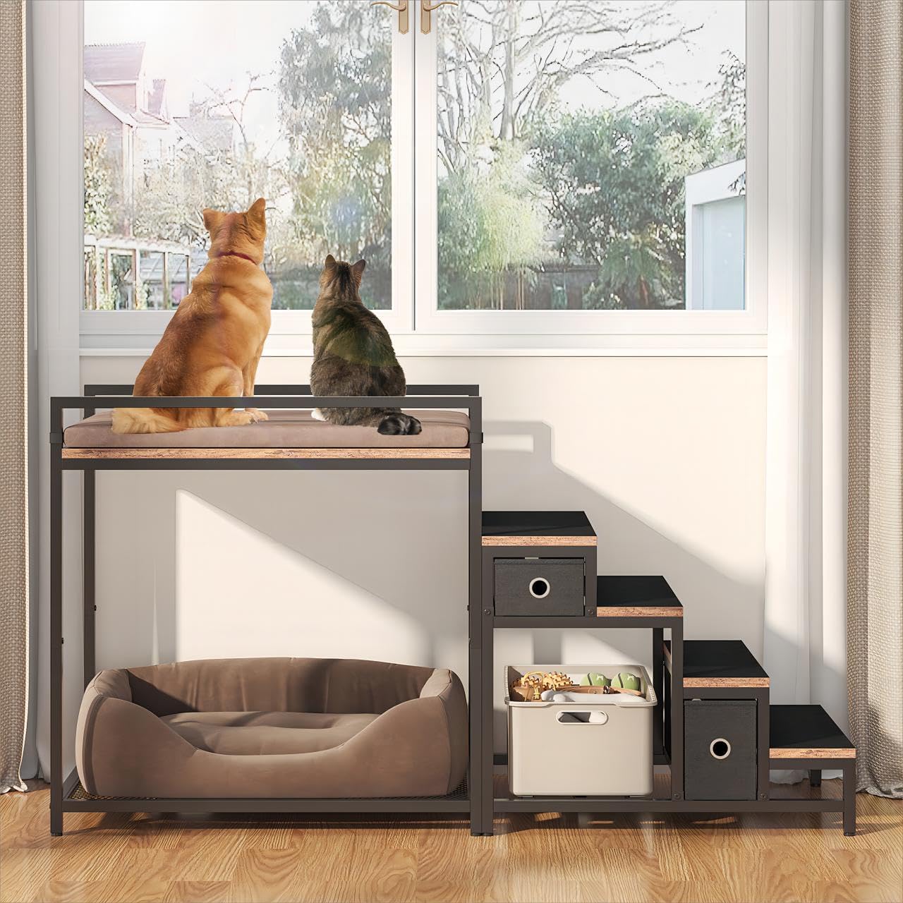 Pet Bunk Bed with Removable Stairs and Storage for Pets