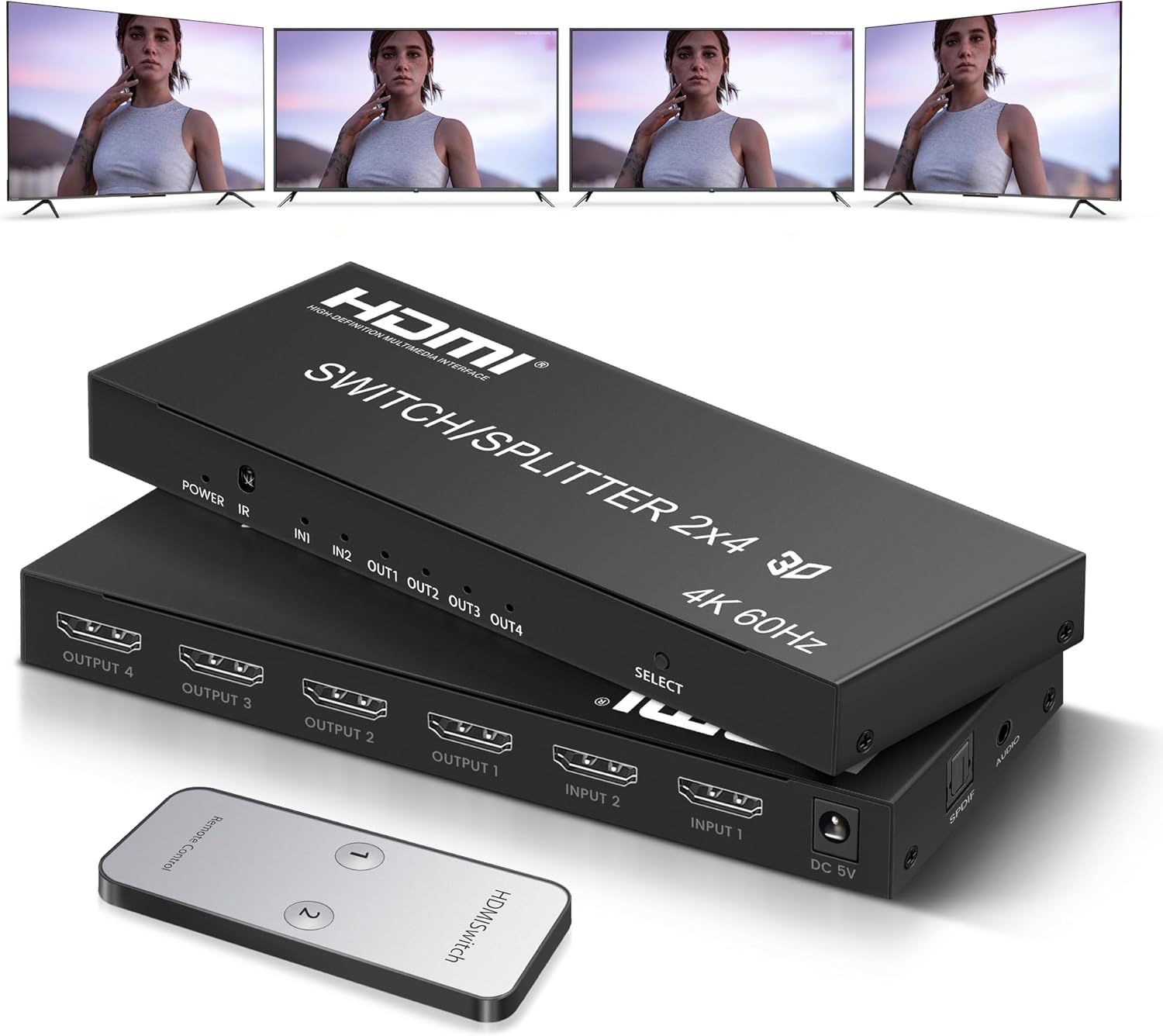 4K@60Hz HDMI Switch Splitter 2 in 4 Out with Remote Control