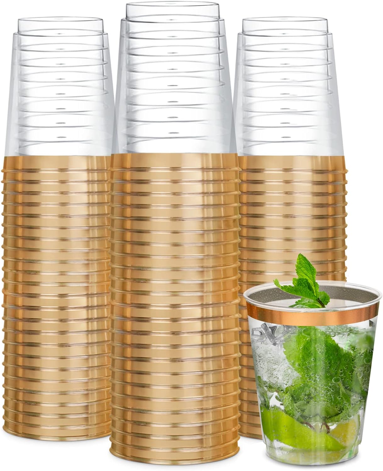 50 Pack Gold Plastic Cocktail Cups - Heavy Duty 10 OZ Disposable Glasses