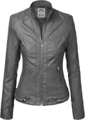 Made By Johnny Womens Faux Leather Zip Up Moto Biker Jacket - Light