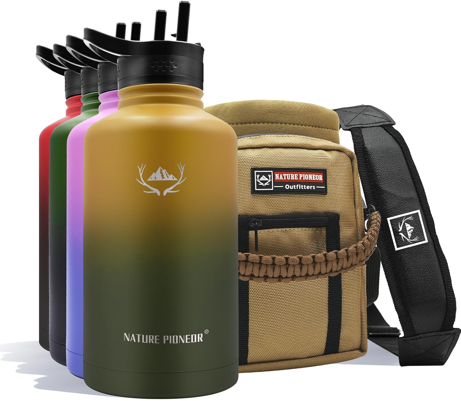 NATURE PIONEOR 64oz Insulated Water Bottle with Straw and Holder