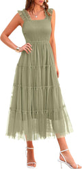 Women's Tulle Midi Dress Smocked Ruffle Sundress - Flowy A-line