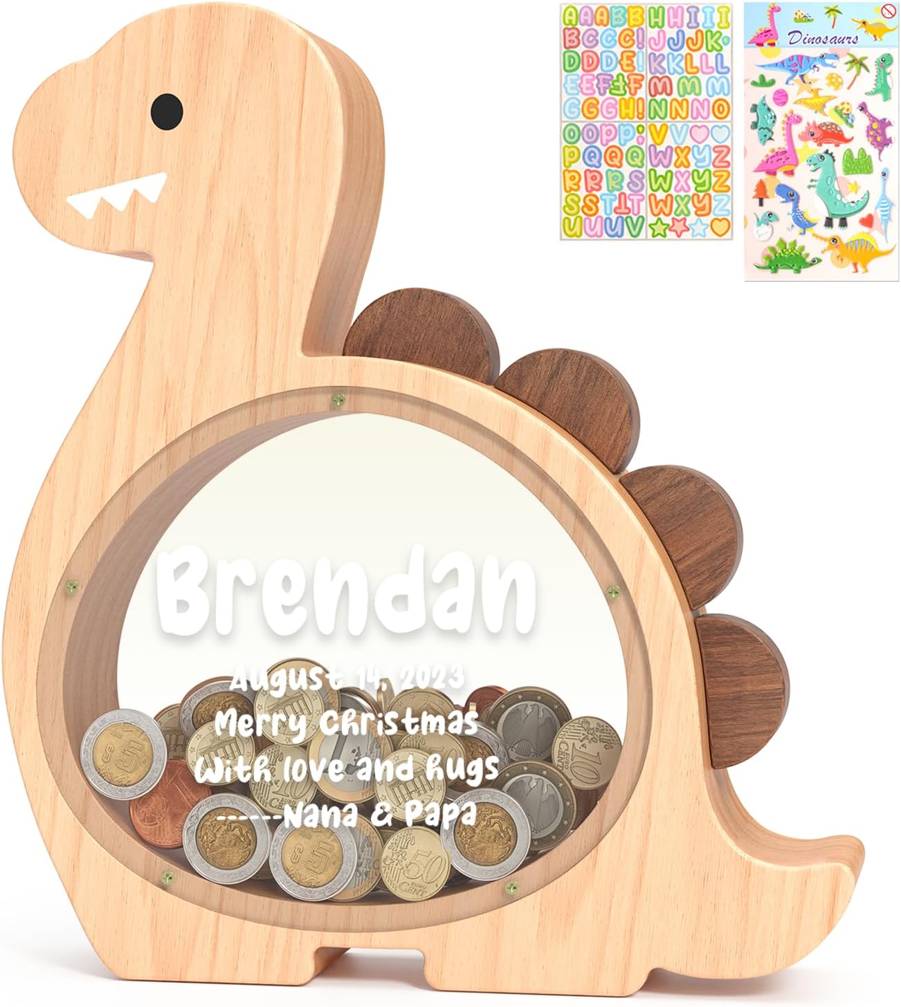Summidate Wooden Dinosaur Piggy Bank for Kids - Fun Savings Toy
