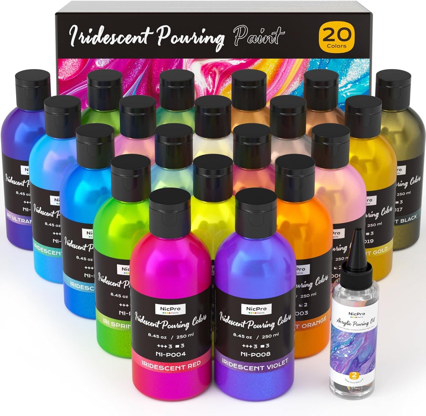 Nicpro 20 Colors Iridescent Metallic Acrylic Pour Paint Kit