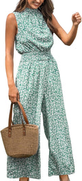 Women Floral Summer Maxi Jumpsuit with Pocket Mock Neck - Flattering