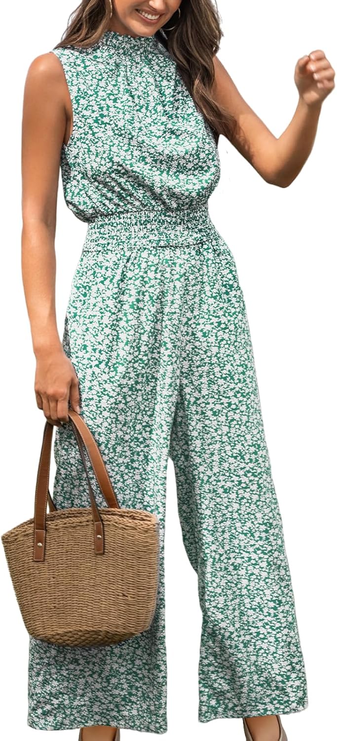 Ditsy Smocked Floral Maxi Jumpsuit for Women with Pockets