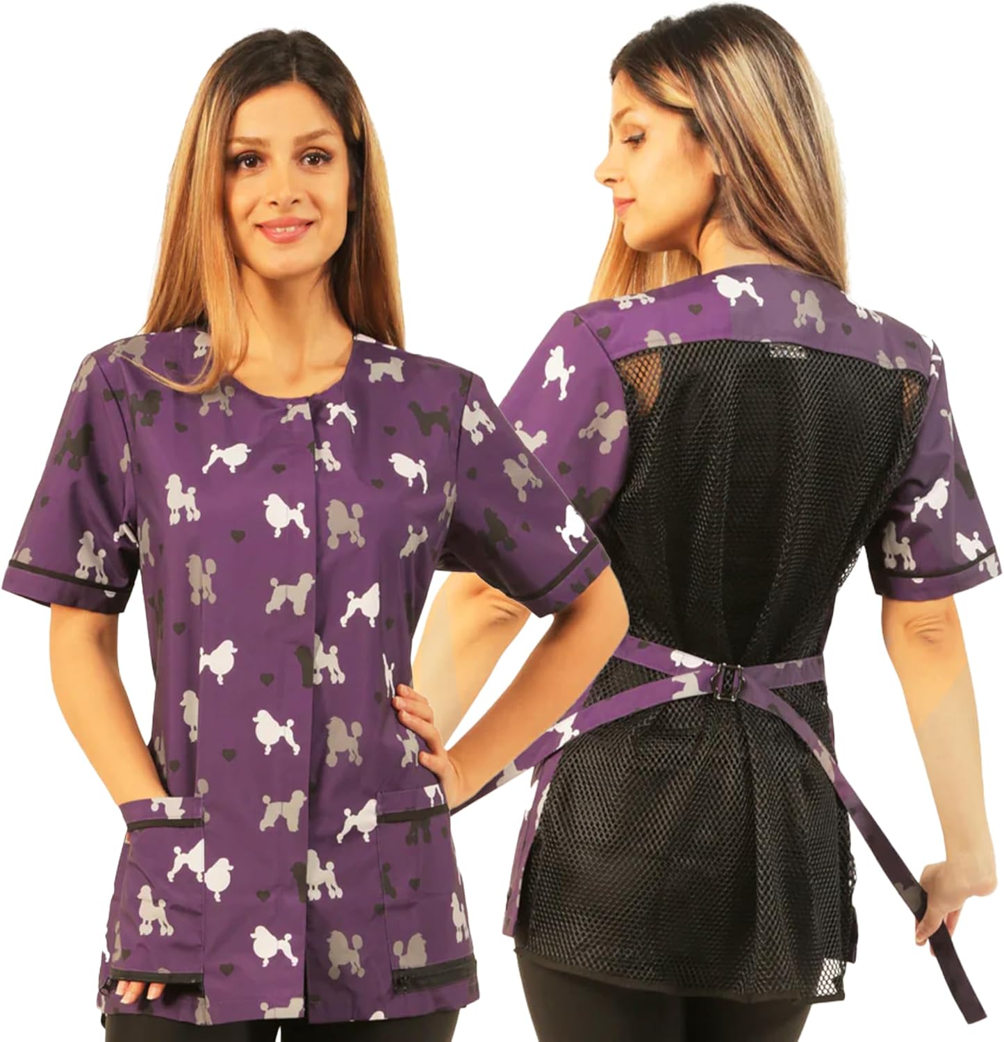 Purple Poodle Print Waterproof Dog Grooming Smock for Groomers