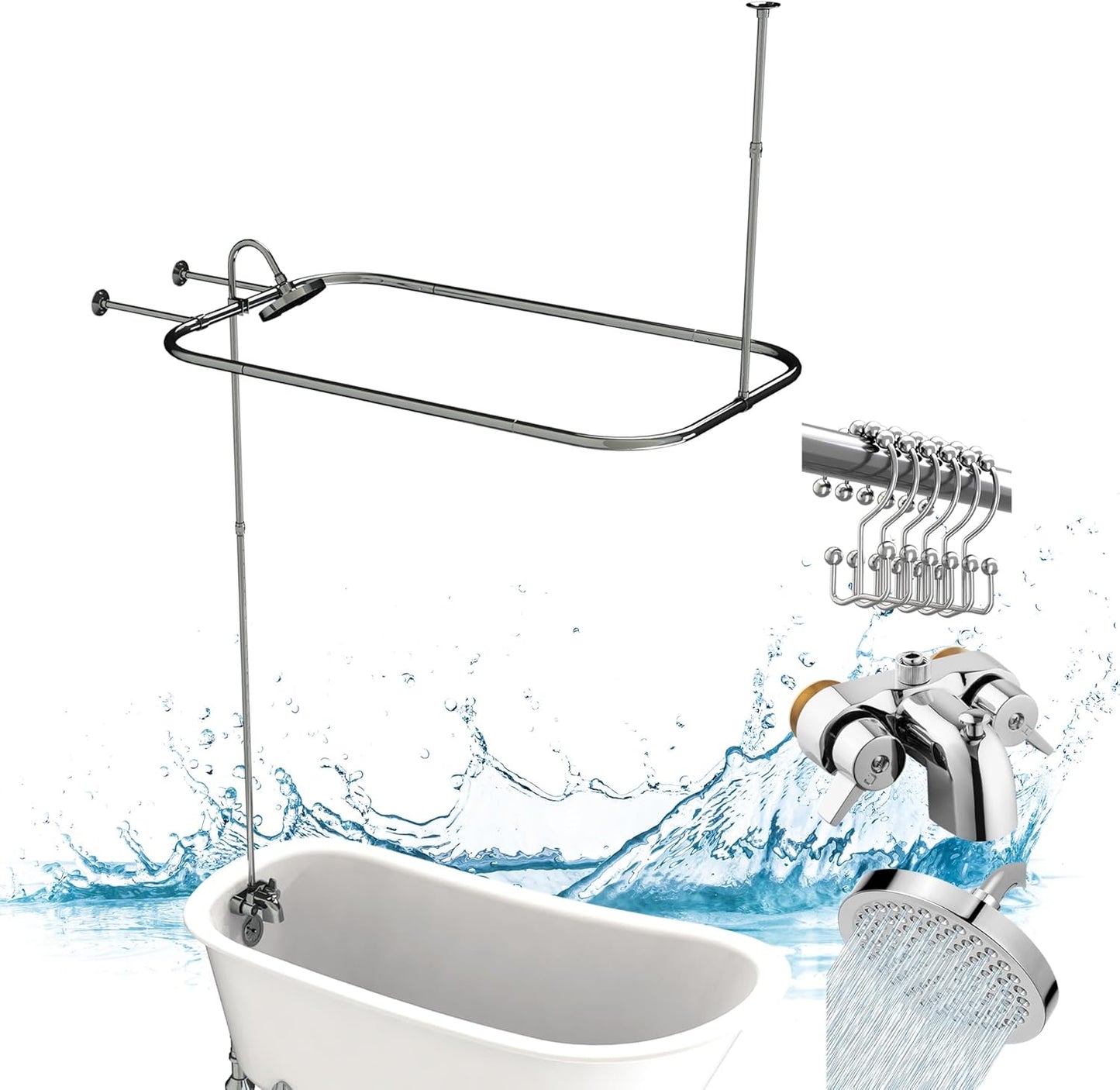Clawfoot Tub Shower Kit with Diverter Faucet and Curtain Rod