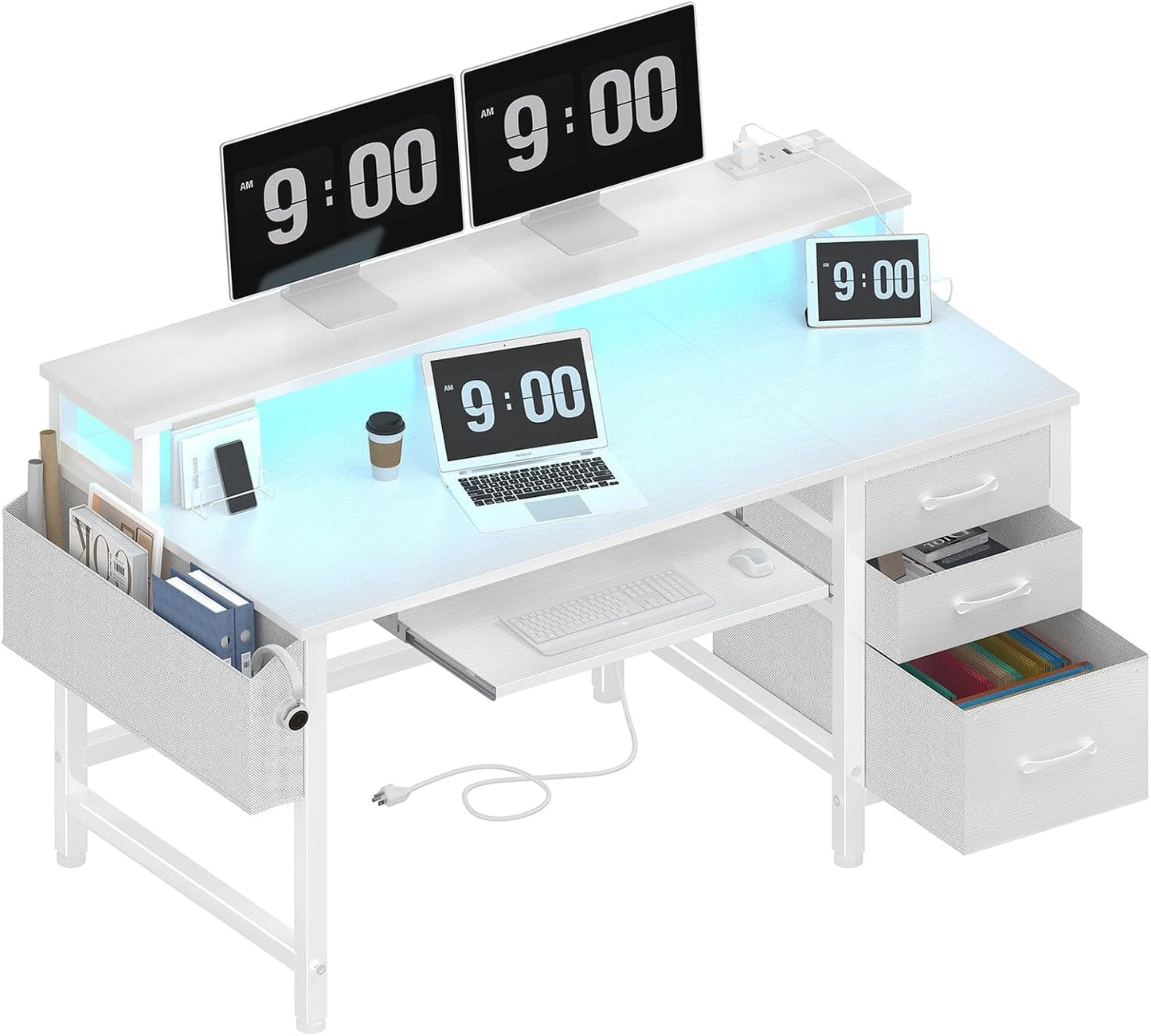 Lufeiya 47 Inch White Gaming Desk - LED Lights, Power Outlets