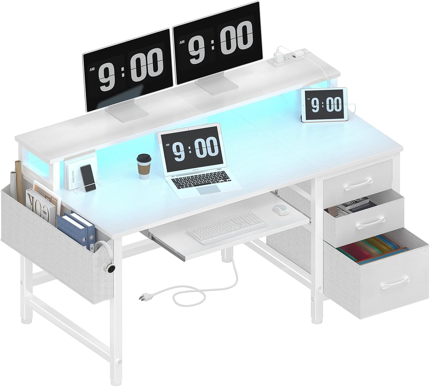 Lufeiya 47 Inch White Gaming Desk - LED Lights, Power Outlets